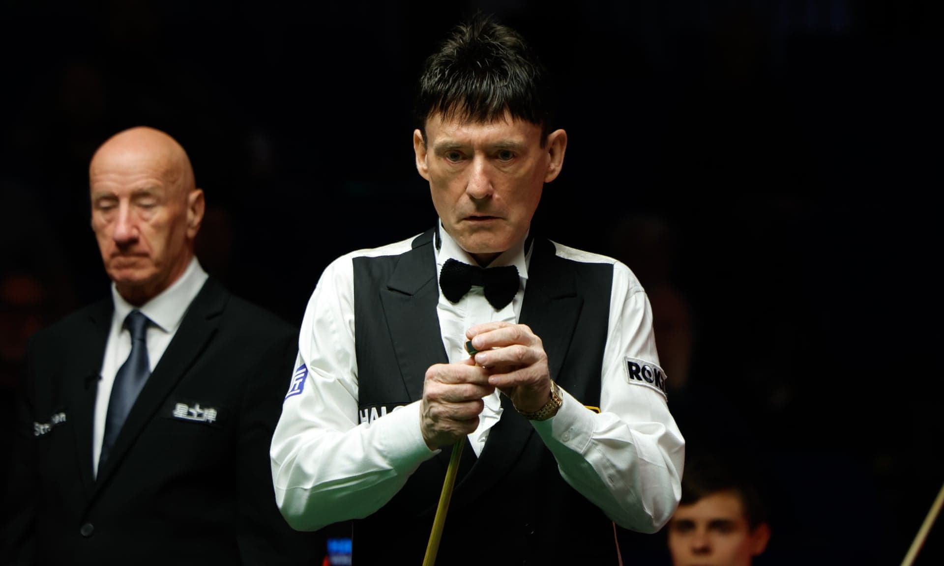 Jimmy White chalking his cue at the 2025 World Championship qualifiers