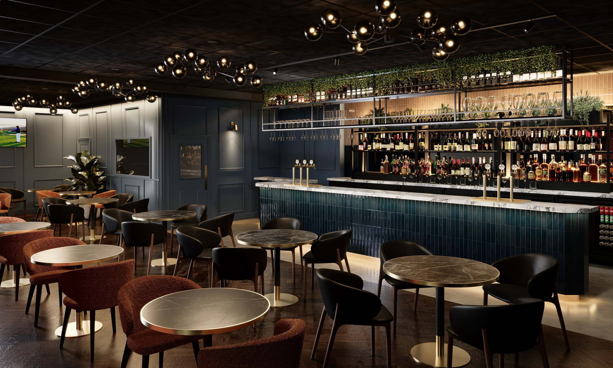 The lounge and bar, set up for a group